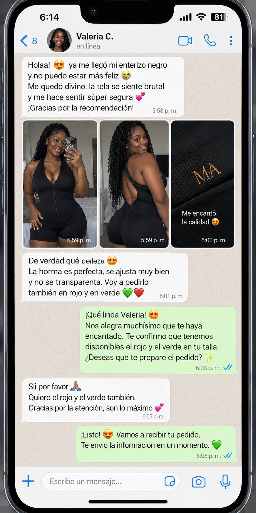 Conversación compartida de Valeria sobre prendas Marea Alta