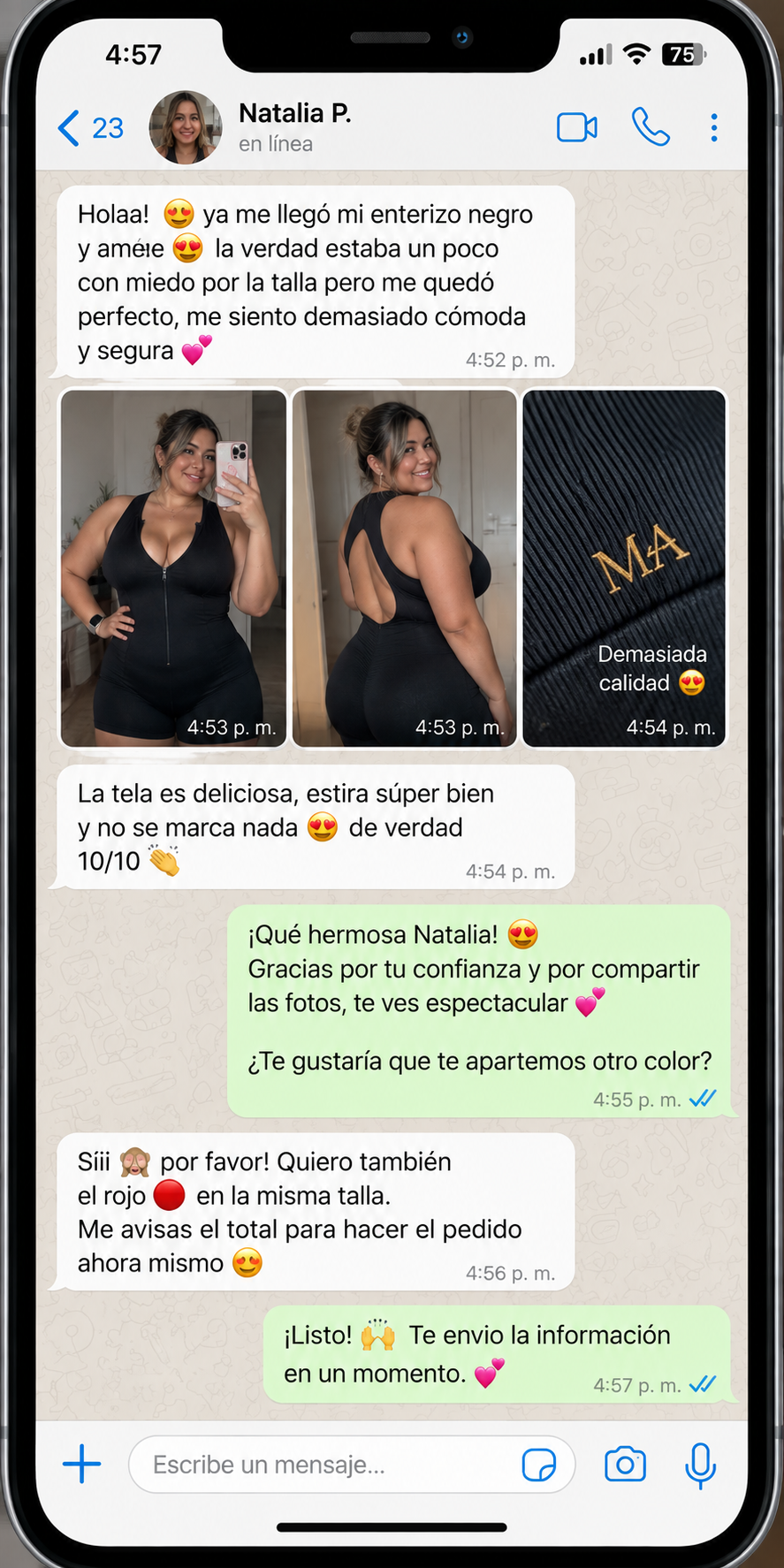 Conversación compartida de Natalia sobre prendas Marea Alta