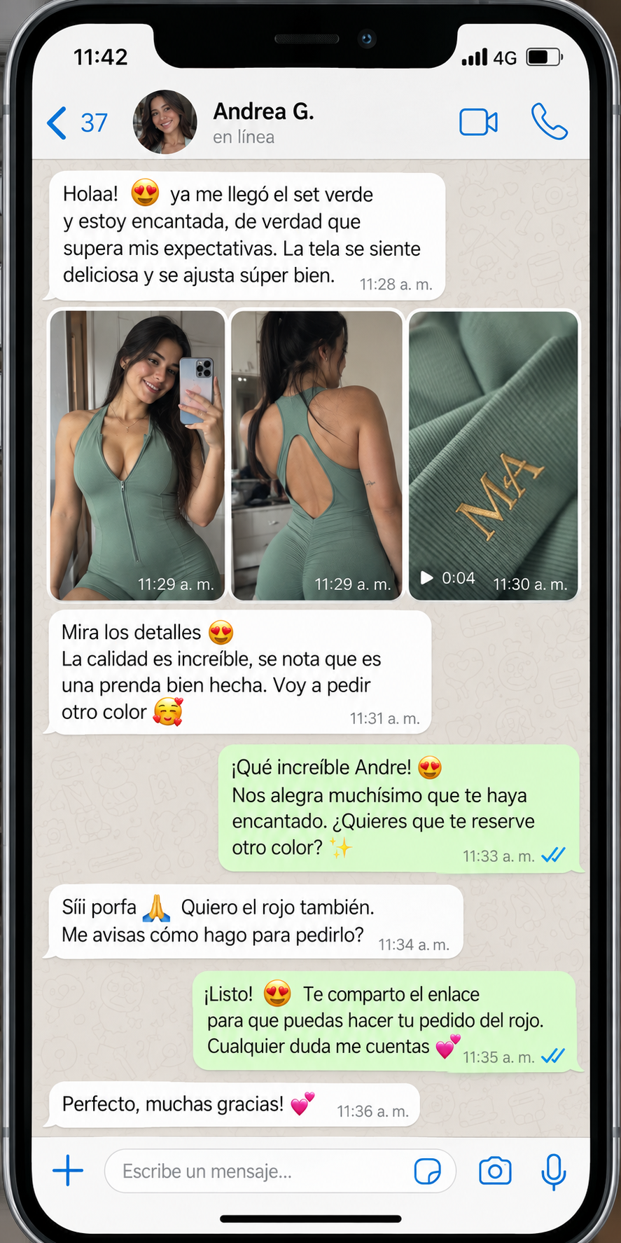 Conversación compartida de Andrea sobre prendas Marea Alta