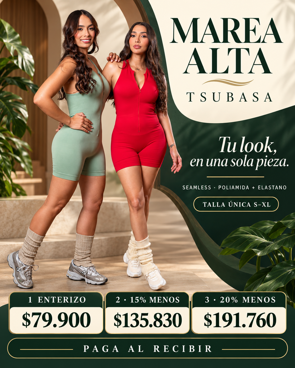 Enterizo Tsubasa en verde menta y rojo con dos modelos; ofertas de 1, 2 y 3 unidades.