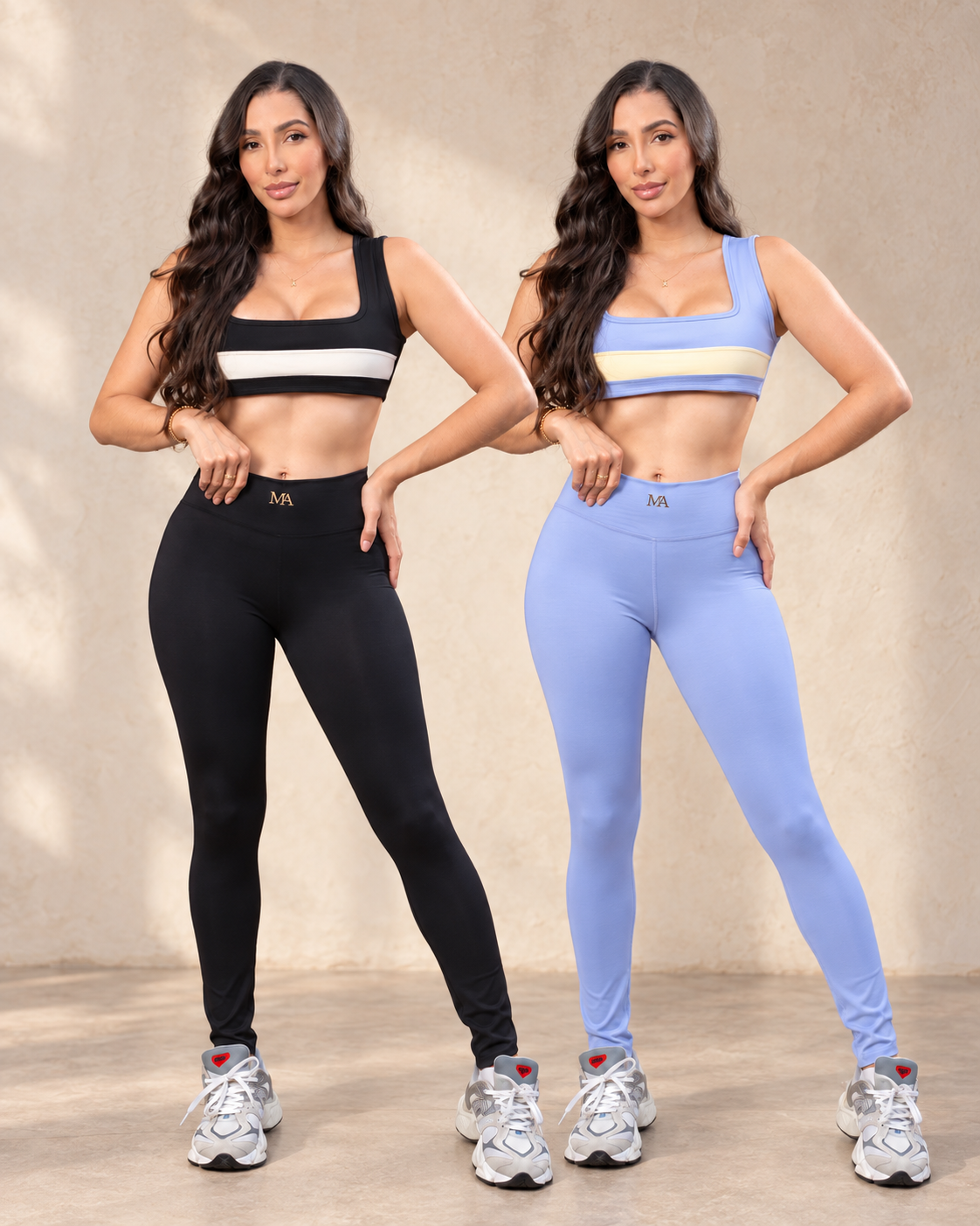 Set Sabi en lila con amarillo y negro con blanco, en modelos adultas con conjuntos completos.